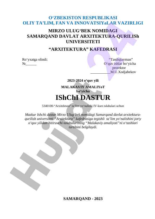 Malakaviy amaliyot bo‘yicha ishchi dastur