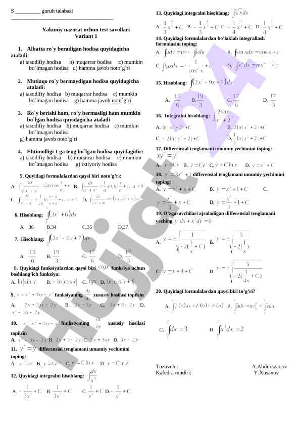 Yakuniy nazorat test savollari variant 1