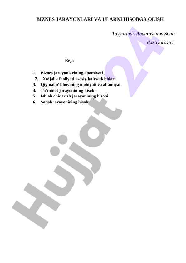 Biznes jarayonlari va ularni hisobga olish