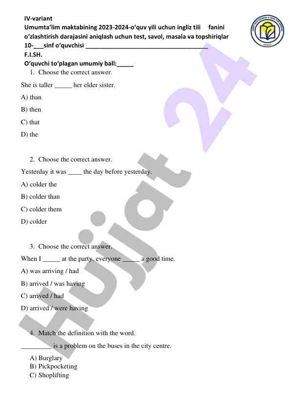 Test for assessing english proficiency levels