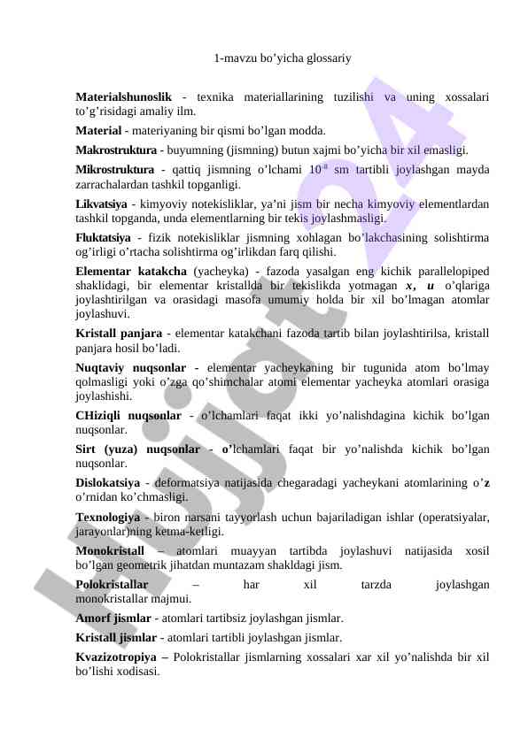 Materialshunoslik glossariy asoslari va xususiyatlari