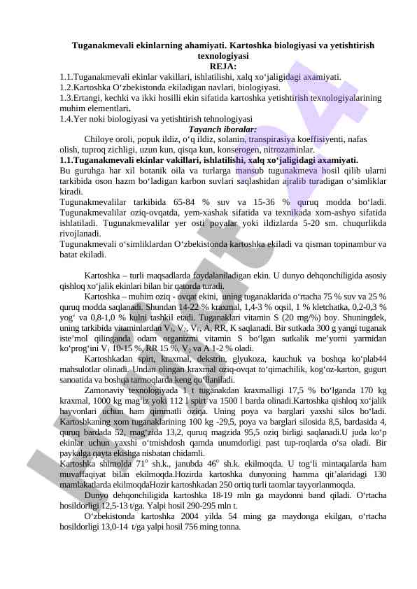 Tuganakmevali ekinlaring ahamiyati va kartoshka biologiyasi