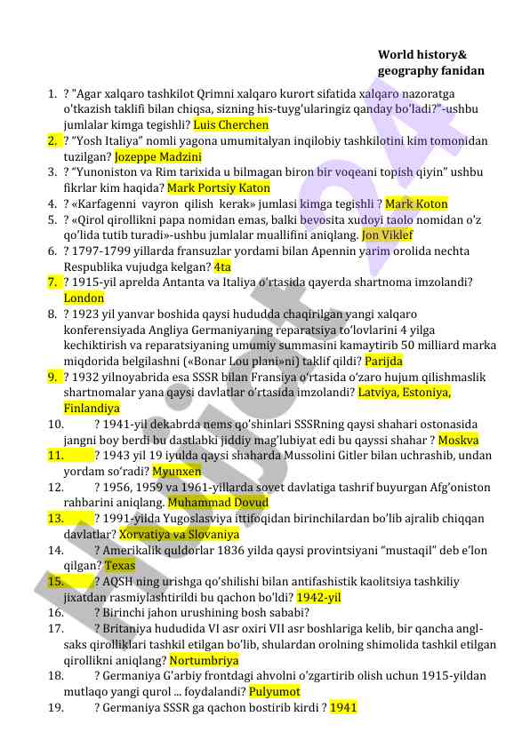 Tarix fanidan savollar va javoblar