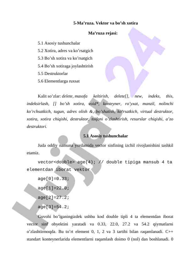 Vektor va bo’sh xotira asosiy tushunchalari