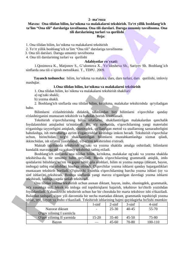Ona tilidan bilim va ko‘nikmalarni tekshirish