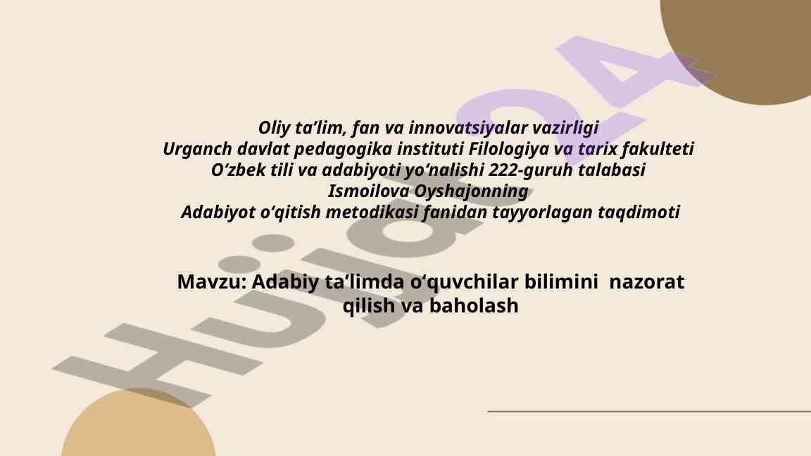 Adabiy Ta'limda O'quvchilar Bilimini Baholash