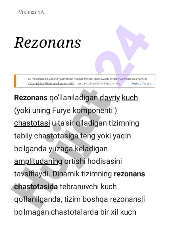 Rezonans tizimlarida amplituda ortishi haqida