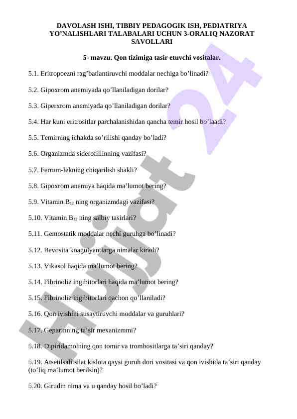3-oraliq nazorat savollari bemorlar uchun