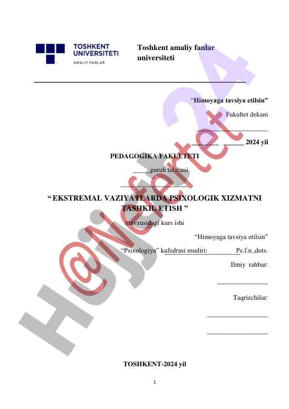 Ekstremal vaziyatlarda psixologik xizmatni tashkil etish