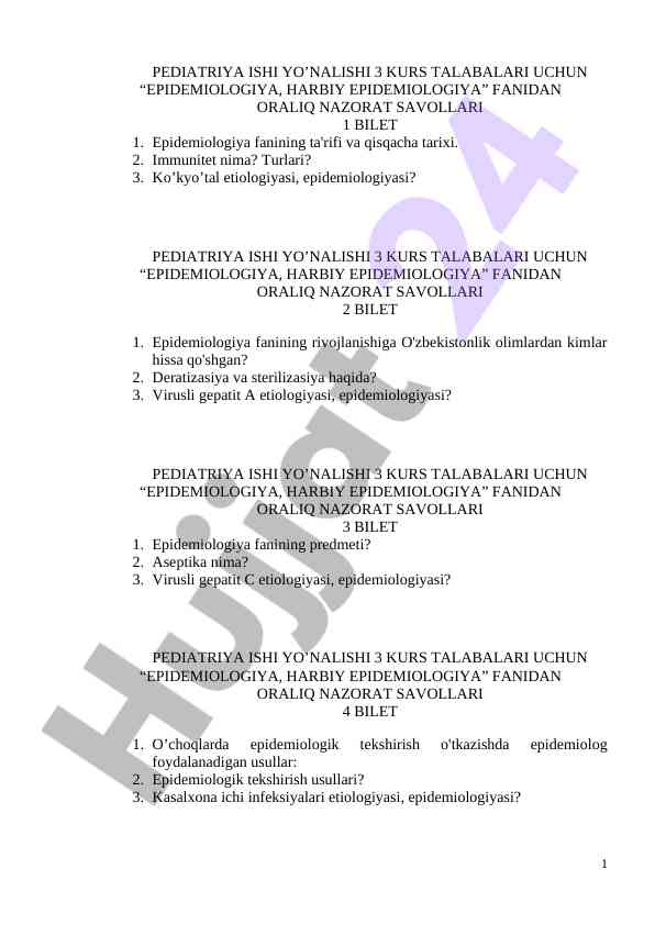 Epidemiologiya va harbiy epidemiologiya nazorat savollari