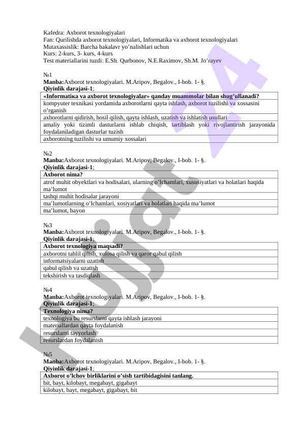 Qurilishda axborot texnologiyalari test materiallari