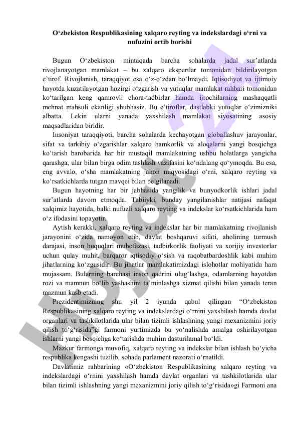 O‘zbekistonning xalqaro reytingdagi o‘rni va nufuzi