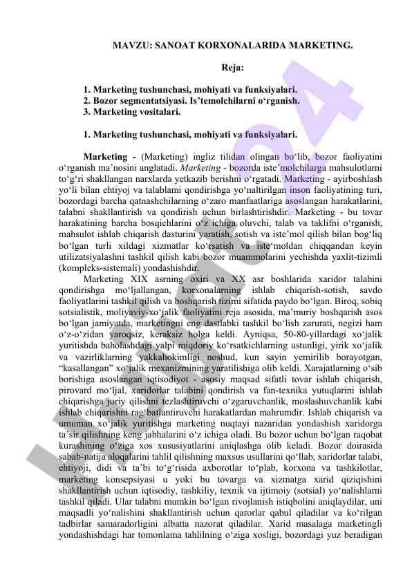 Sanoat korxonalarda marketing tushunchasi va funksiyalari
