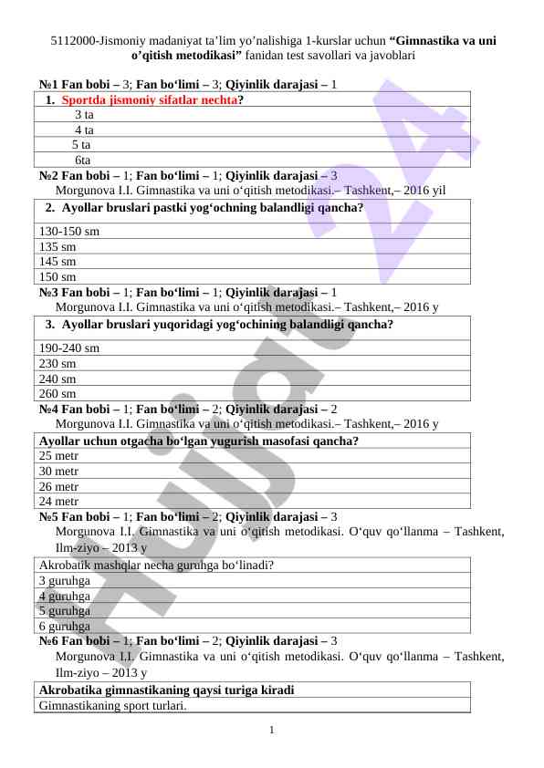 Gimnastika o‘qitish metodikasi test savollari