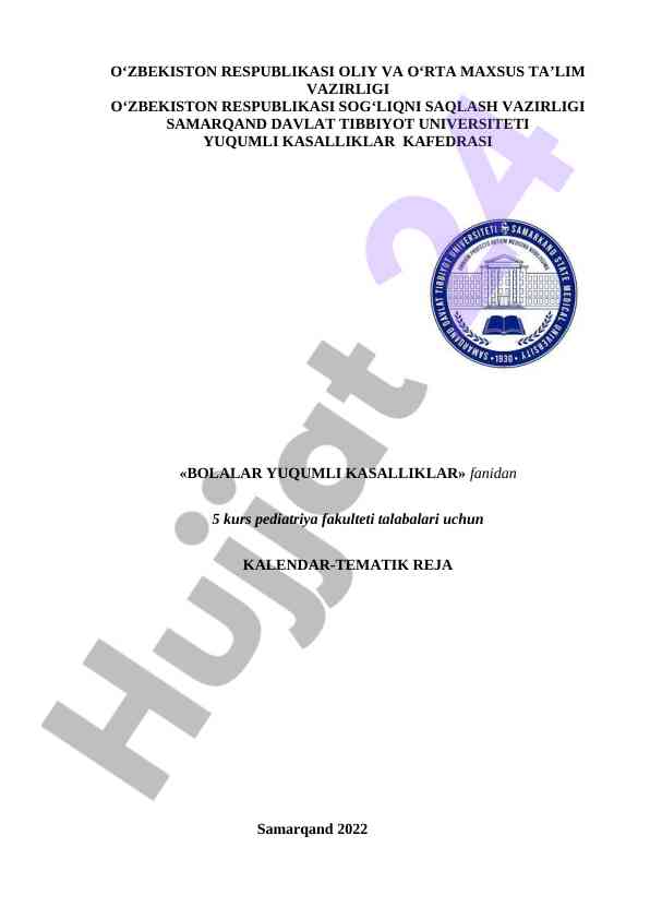 Bolalar yuqumli kasalliklar fanidan kalendar-reja