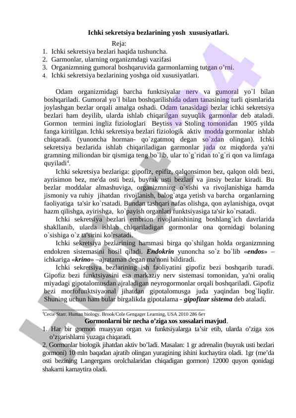 Ichki sekretsiya bezlarining yosh xususiyatlari