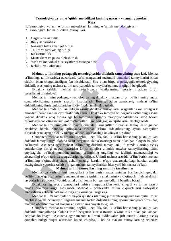 Texnologiya va uni o‘qitish metodikasi asoslari