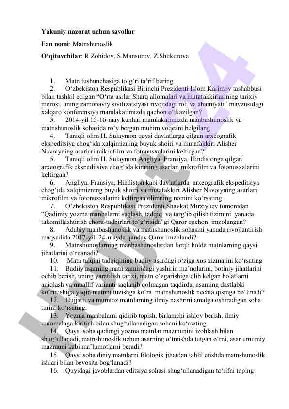 Matnshunoslik faniga yakuniy nazorat savollari