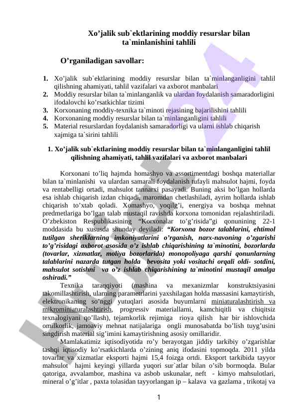 Xo'jalik Sub'ektlarining Moddiy Resurslar Tahlili