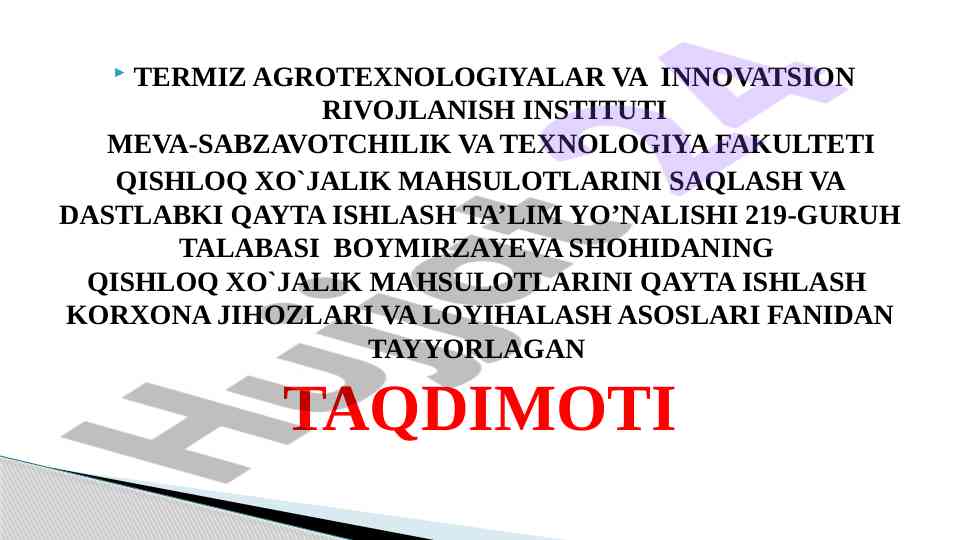 Meva-sabzavotlarni saqlash texnologiyalari taqdimoti