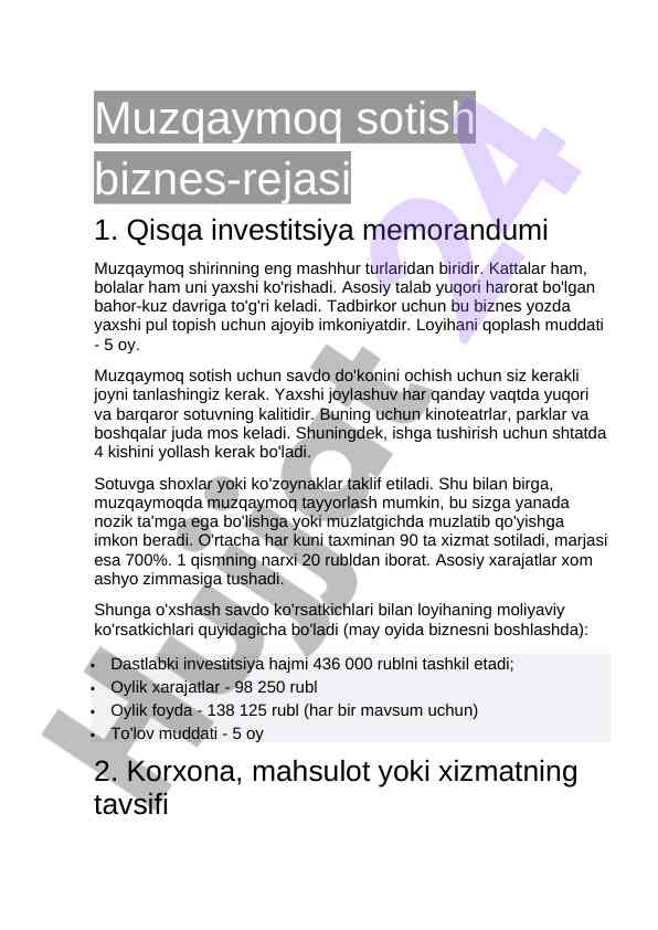 Muzqaymoq sotish biznes-rejasi tahlili