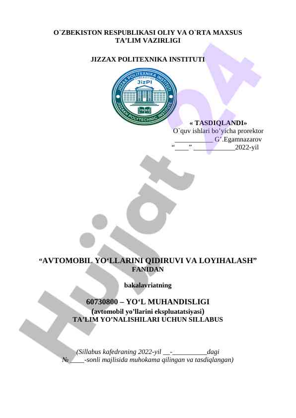 Avtomobil yo‘llarini qidiruvi va loyihalash sillabusi