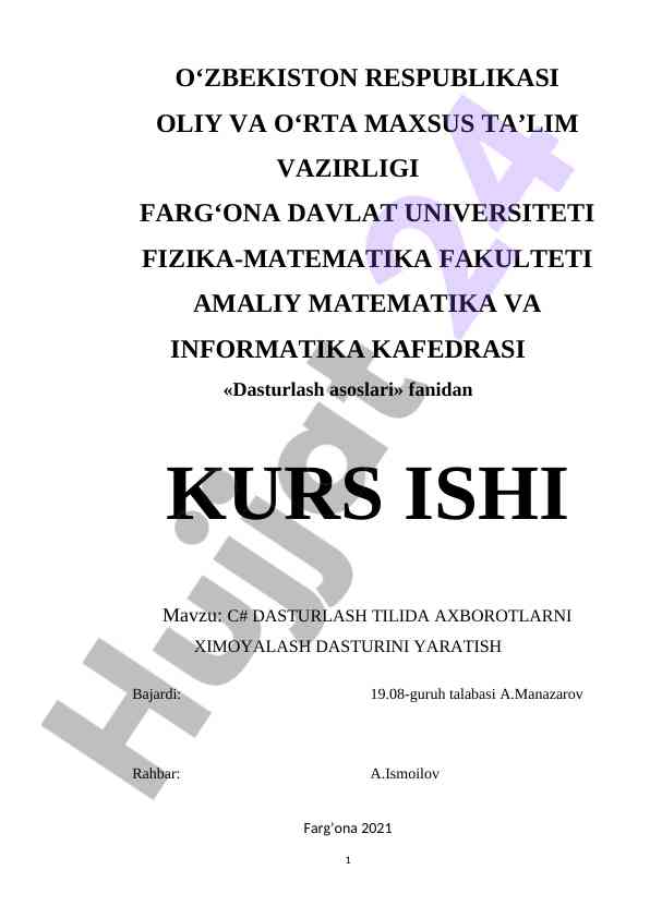 C# dasturlash tili asosida axborotlarni himoyalash