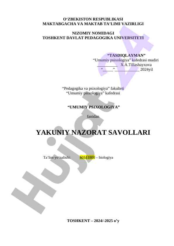 Umumiy psixologiya yekuniy nazorat savollari