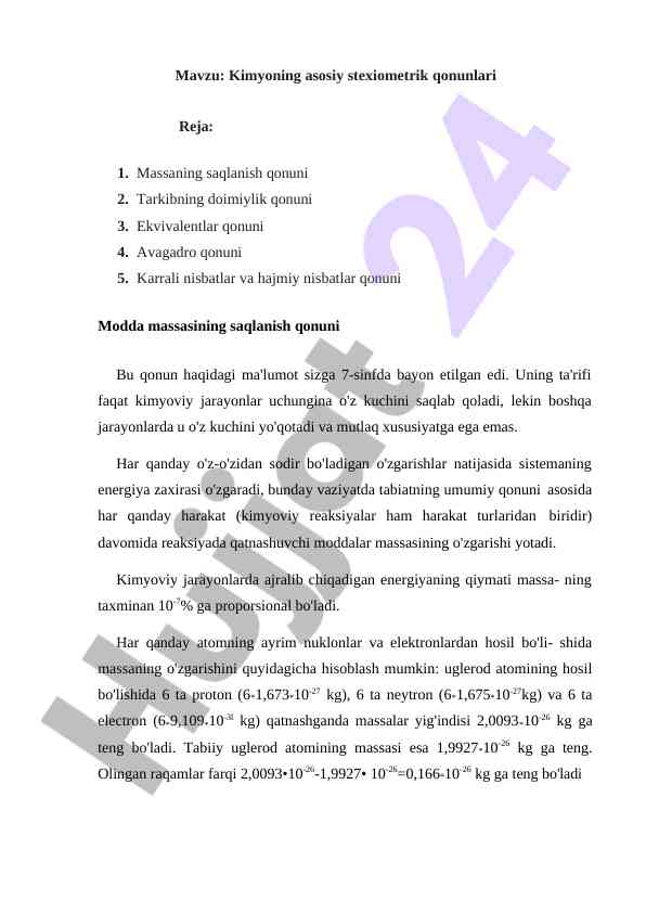 Kimyoning asosiy stexiometrik qonunlari