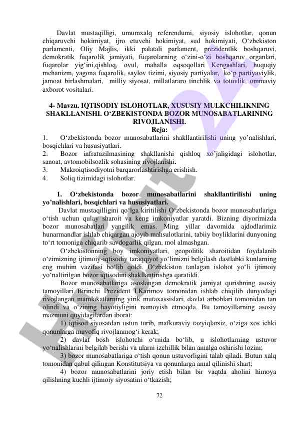 O‘zbekiston bozor munosabatlarining rivojlanishi