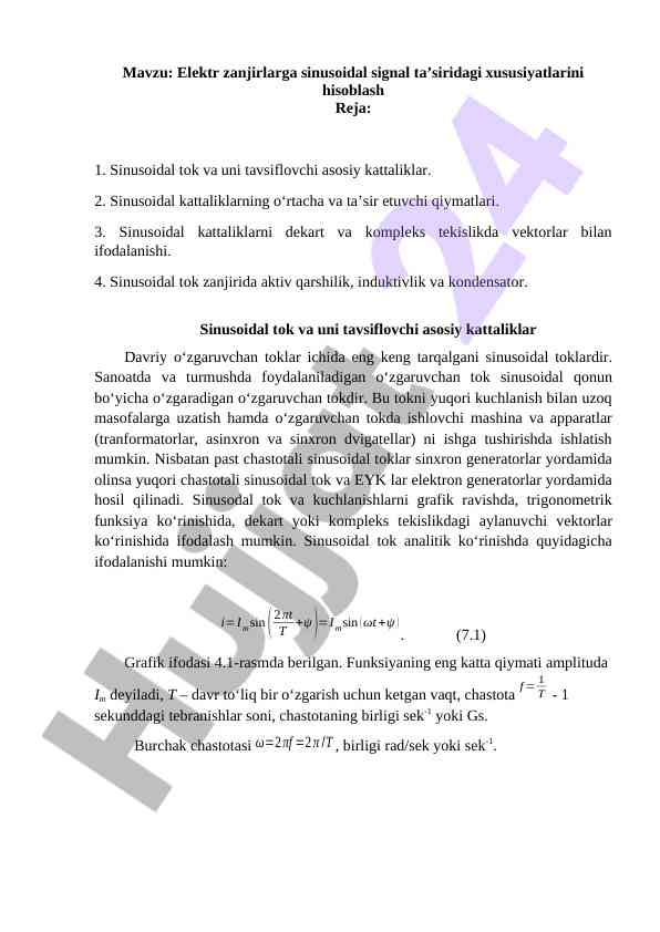 Sinusoidal signal ta’siri va xususiyatlarini hisoblash