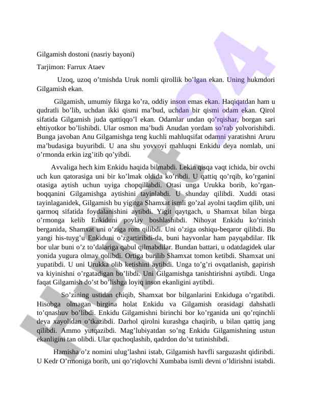 Gilgamish dostoni tarjimon farrux ataev