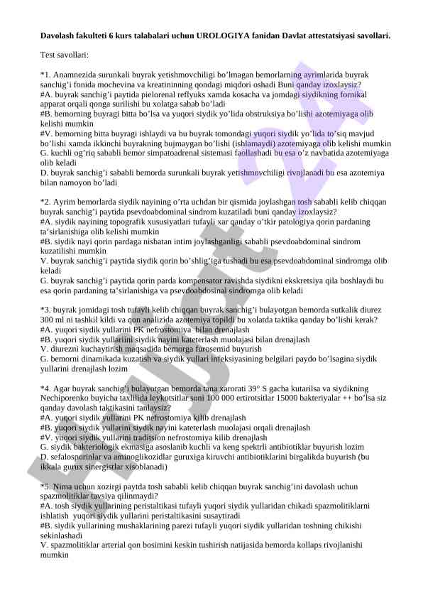 Urologiya fanidan davlat attestatsiyasi savollari