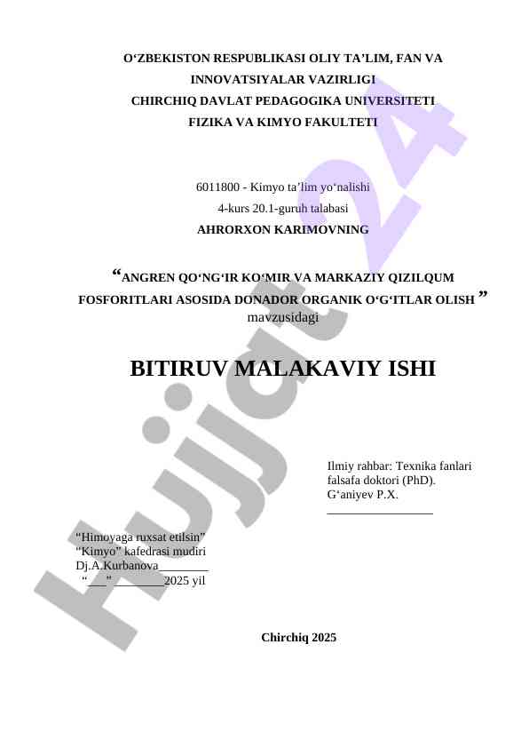ANGREN QO‘NG‘IR KO‘MIR VA MARKAZIY QIZILQUM FOSFORITLARI ASOSIDA DONADOR ORGANIK O‘G‘ITLAR OLISH