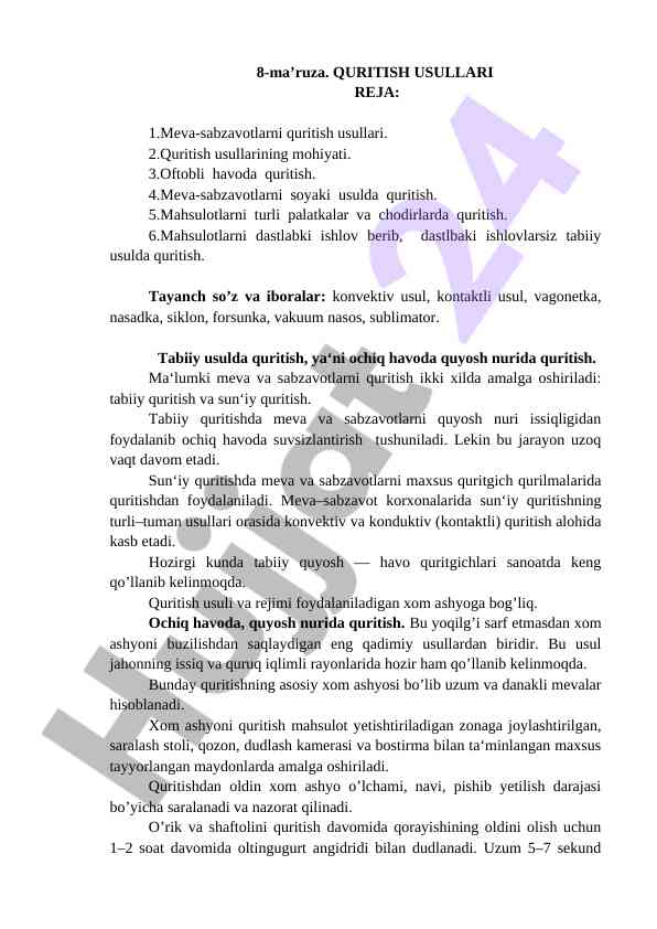 Meva sabzavotlarni quritish usullari haqida o‘quv qo‘llanma