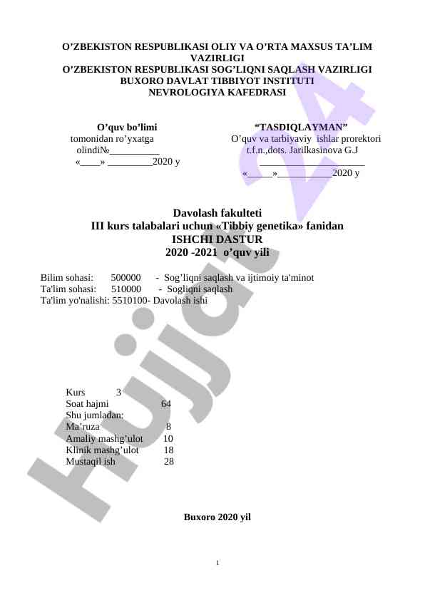 Tibbiy genetika fanidan ishchi dastur 2020-2021