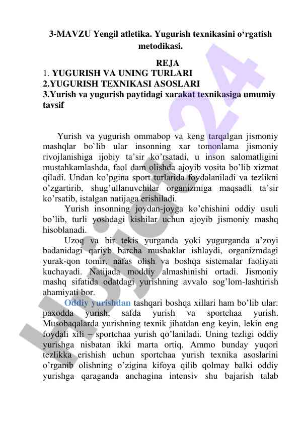 Yengil atletika yugurish texnikasini o‘rgatish