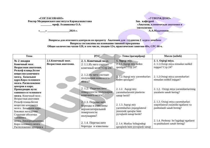 Anatomiya kursi uchun nazorat savollari