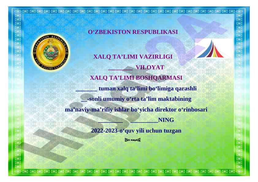 O‘quvchi yoshlarni tarbiyalash rejasi 2022-2023