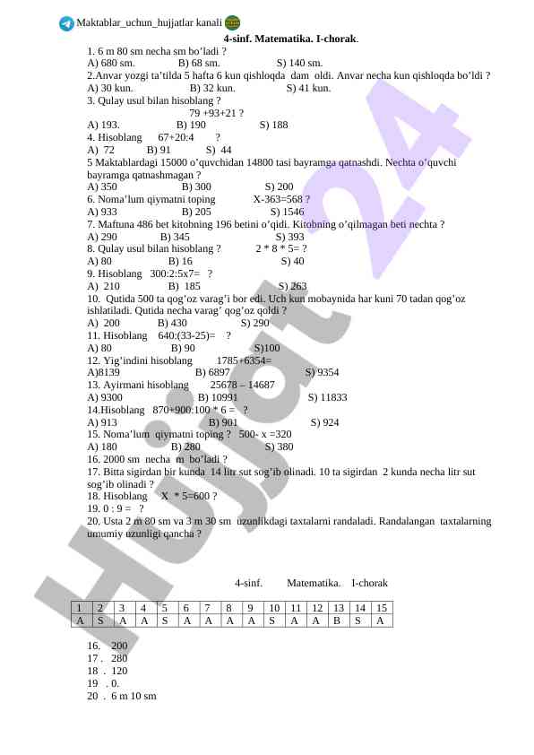 4-sinf matematika test savollari