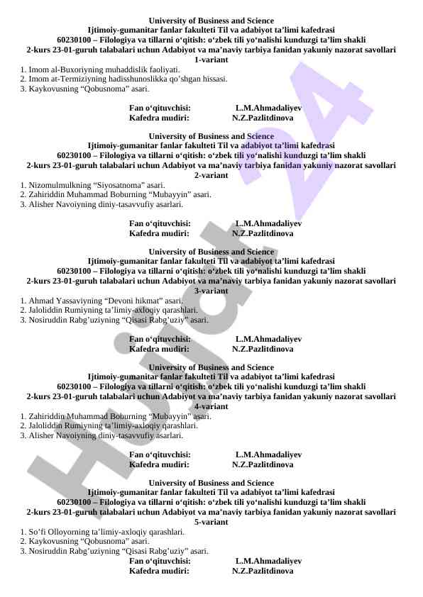 Adabiyot va ma’naviy tarbiya fanidan nazorat savollari