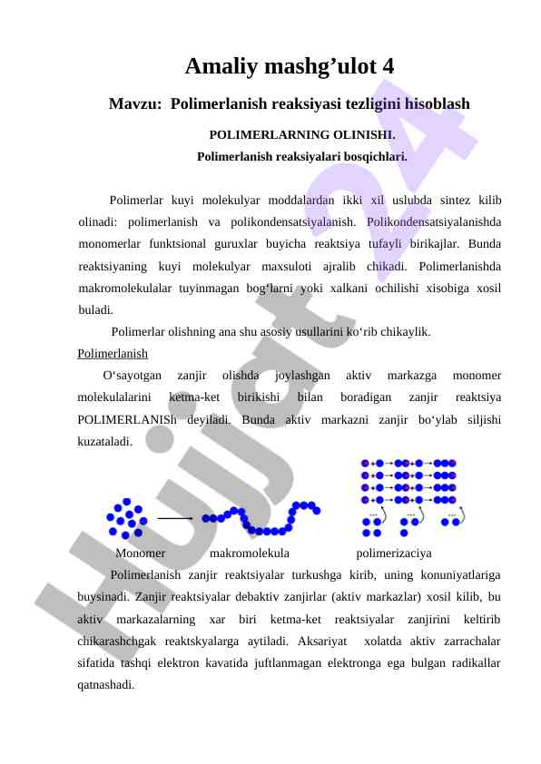 Polimerlanish reaksiyasi tezligini hisoblash