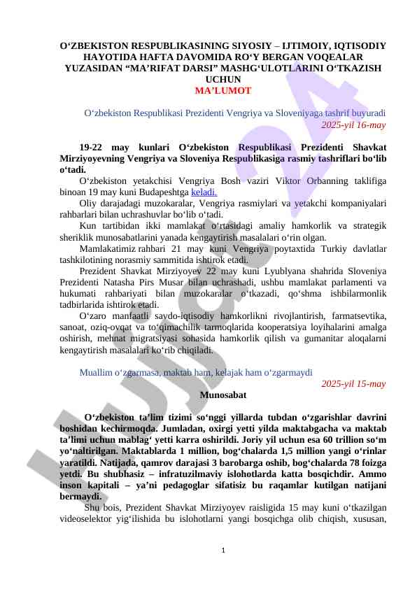 O‘zbekistonda siyosiy ijtimoiy voqealar tahlili