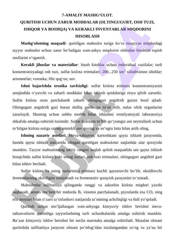 Quritish uchun zarur moddalar hisoblash mashg‘uloti