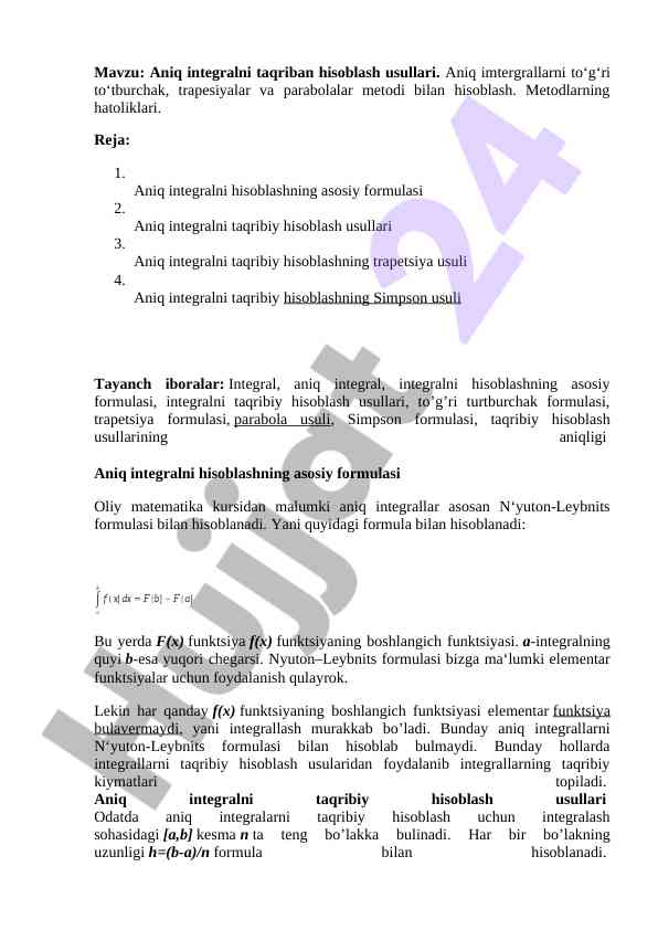 Aniq integralni taqriban hisoblash usullari