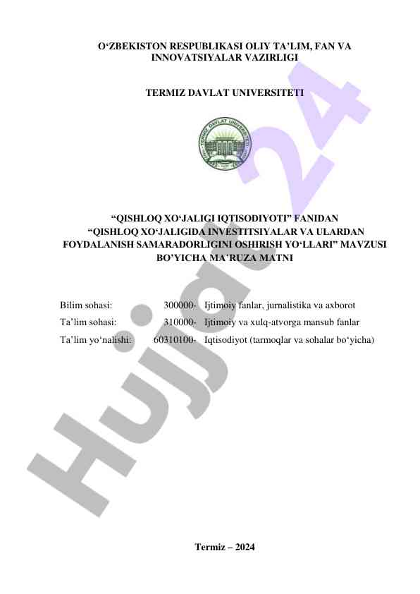 Qishloq xo‘jaligida investitsiyalarni jalb etish yo‘llari