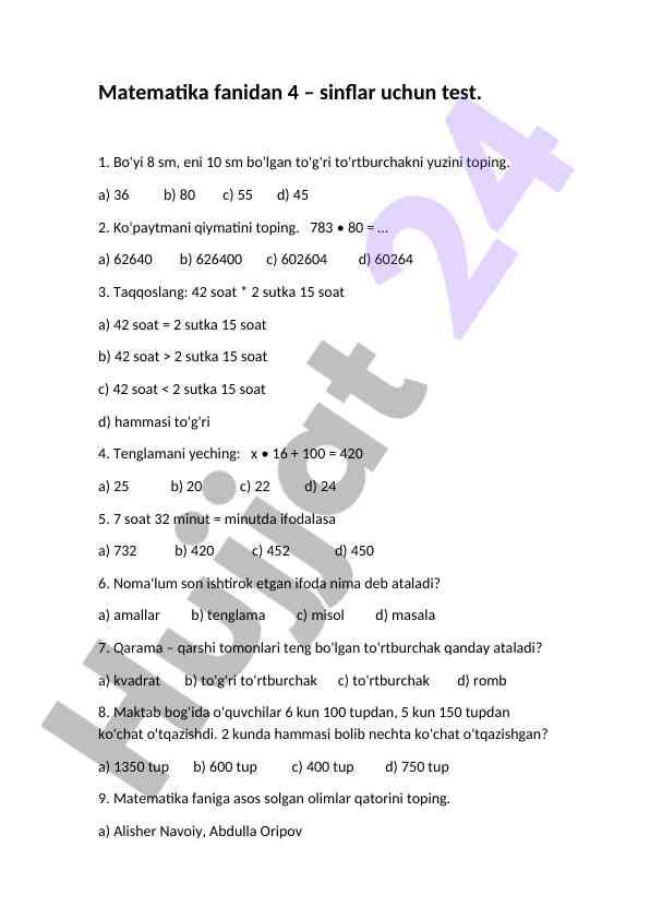 Matematika fanidan 4-sinflar uchun test savollari