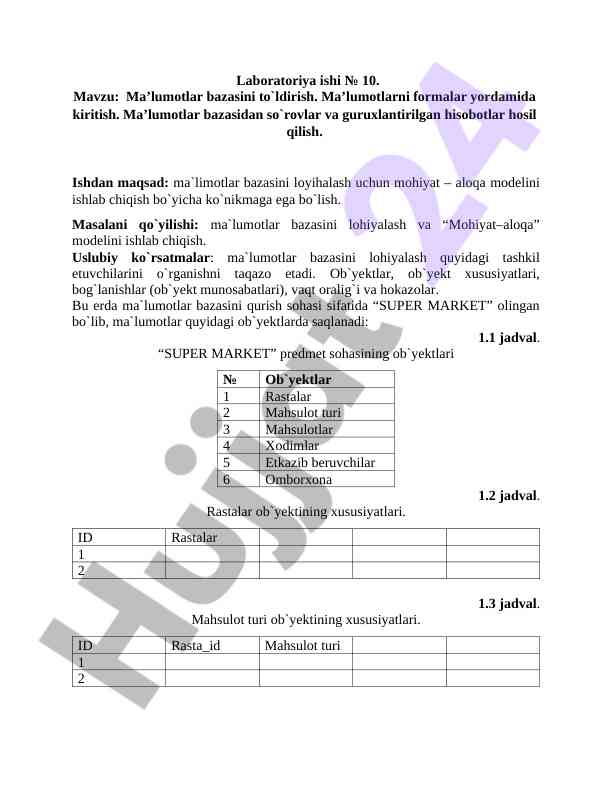 Ma’lumotlar bazasi to'ldirish uchun laboratoriya ishlari
