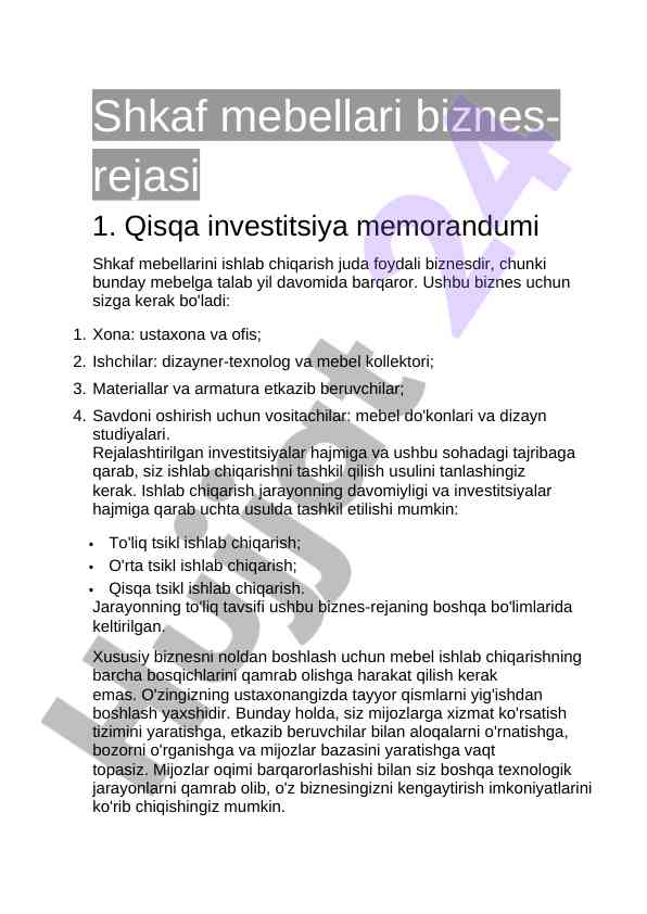 Shkaf mebellari biznes-rejasi va investitsiya memorandumi