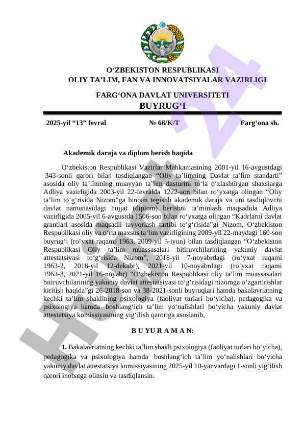 Oliy ta'lim darajasi berish taqdimoti